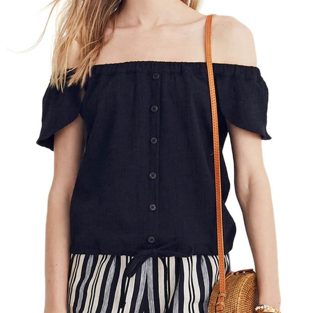 Madewell black tie-front off the shoulder top